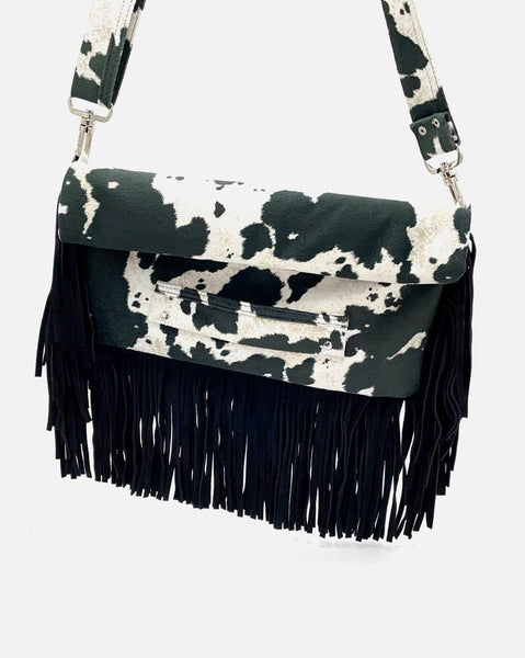 Cow Print Oversized Fringe Clutch in Leather